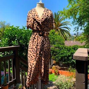 VINTAGE 50’s Animal Print Ruffle Belted Midi Dress